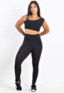 Conjunto Calça Legging Preto Listra Branca Cropped Preto e Branco