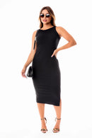 Vestido Tubinho Midi Social Malha Canelada Regata com Fenda Evangélico, Social ou Dia a Dia