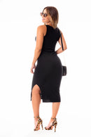 Vestido Tubinho Midi Social Malha Canelada Regata com Fenda Evangélico, Social ou Dia a Dia