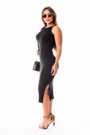 Vestido Tubinho Midi Social Malha Canelada Regata com Fenda Evangélico, Social ou Dia a Dia
