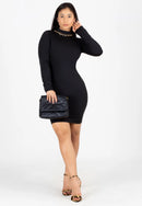 Vestido Feminino Manga Longa e Gola Alta Tubinho Preto