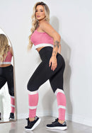 Conjunto Calça Legging e Cropped Fitness Preto e Rose com Detalhe Branco