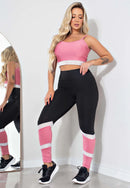 Conjunto Calça Legging e Cropped Fitness Preto e Rose com Detalhe Branco